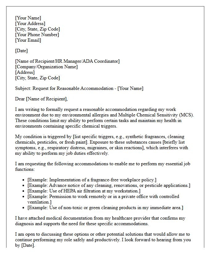 Environmental Allergy Chemical Sensitivity Accommodation Letter