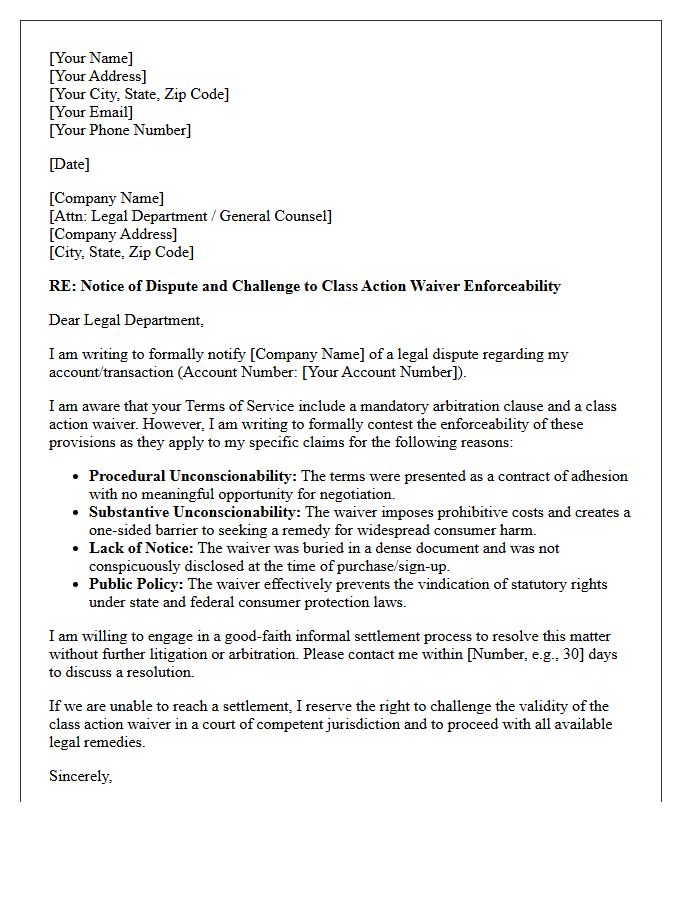 Consumer Terms of Service Class Action Waiver Enforceability Letter