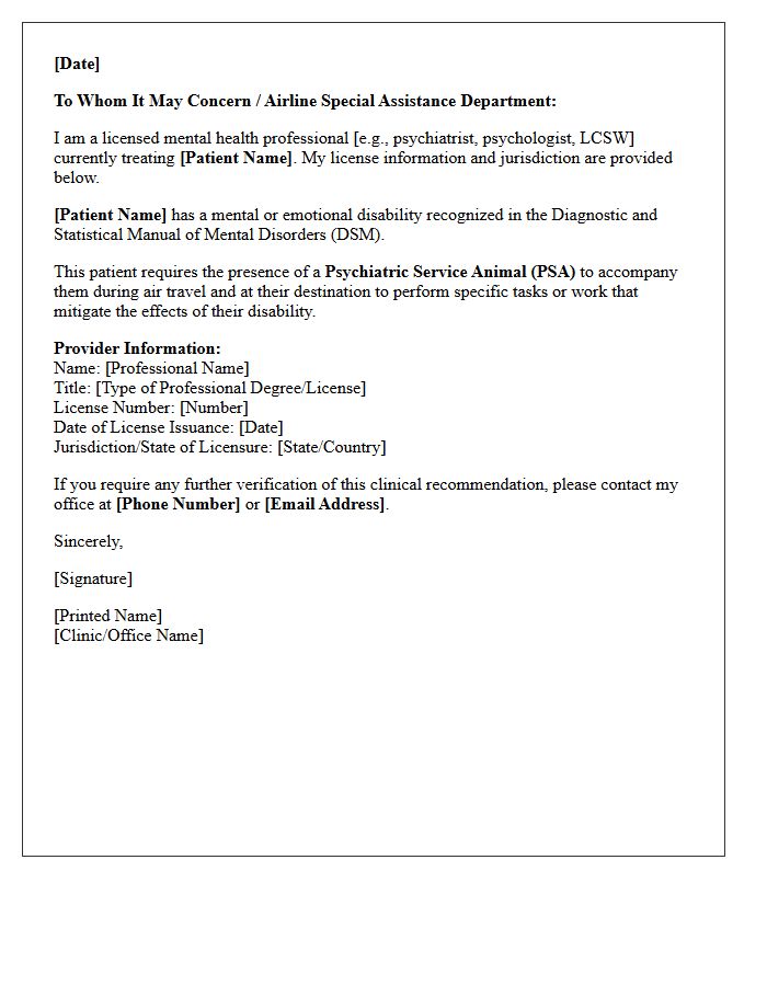 Psychiatric Service Animal In-Flight Travel Clearance Letter
