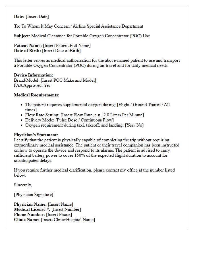 Portable Oxygen Concentrator Medical Usage Clearance Letter