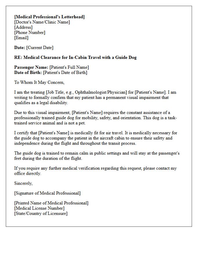 Visual Impairment and Guide Dog Cabin Clearance Letter
