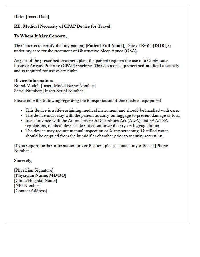 Continuous Positive Airway Pressure Machine Travel Letter