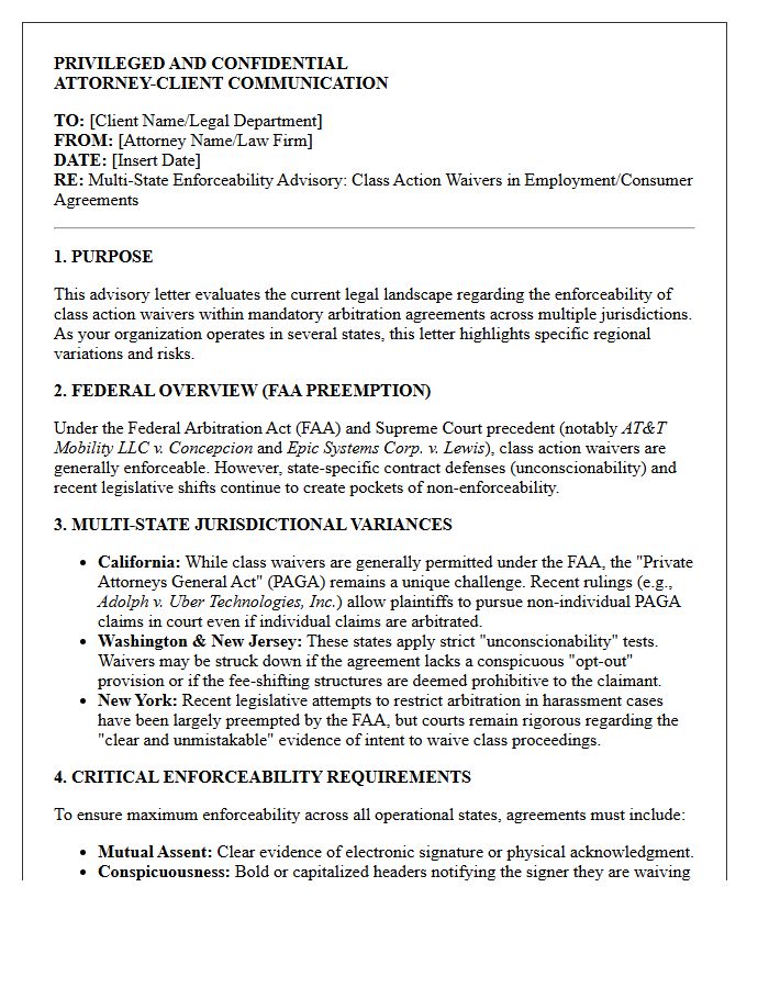 Multi-State Jurisdiction Class Action Waiver Enforceability Advisory Letter