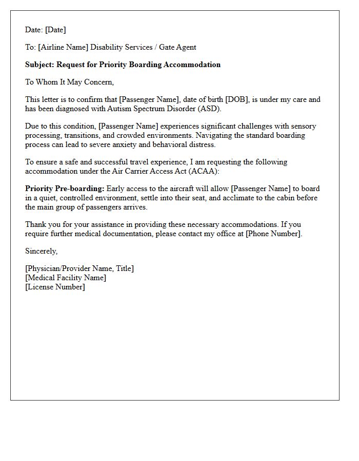 Autism Spectrum Disorder Priority Boarding Accommodation Letter