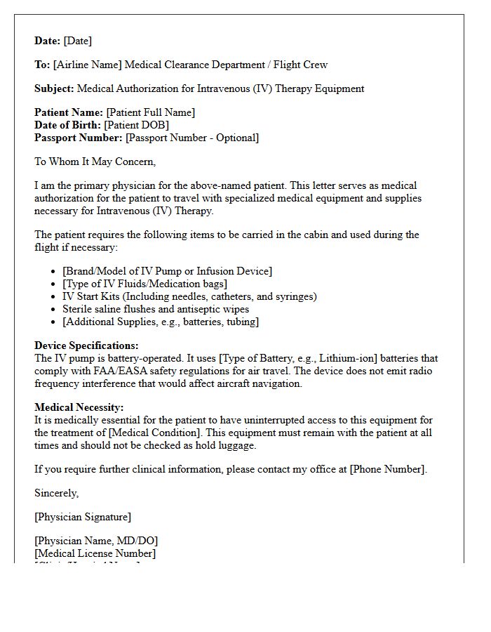 Intravenous Therapy Equipment In-Flight Clearance Letter