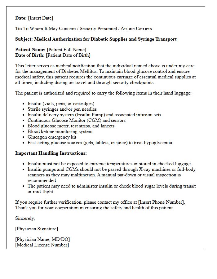 Diabetic Supplies and Syringe Transport Clearance Letter