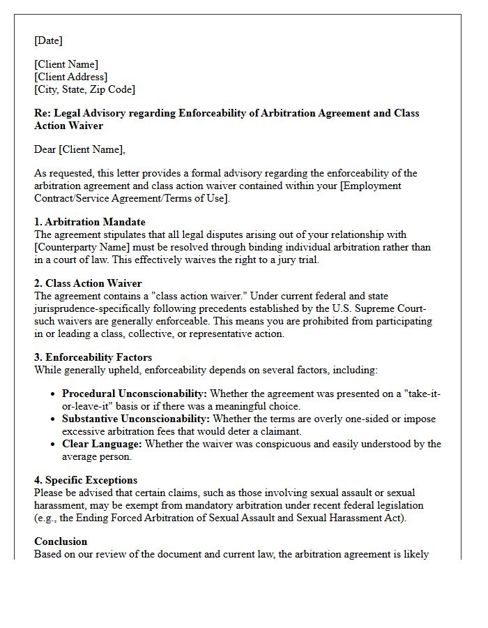 Arbitration Agreement Class Action Waiver Enforceability Advisory Letter