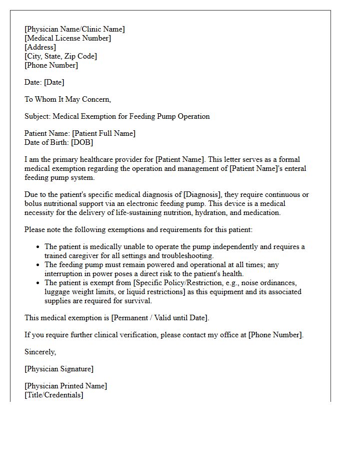 Feeding Pump Operation Medical Exemption Letter