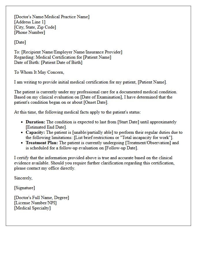 Initial Medical Certification Letter