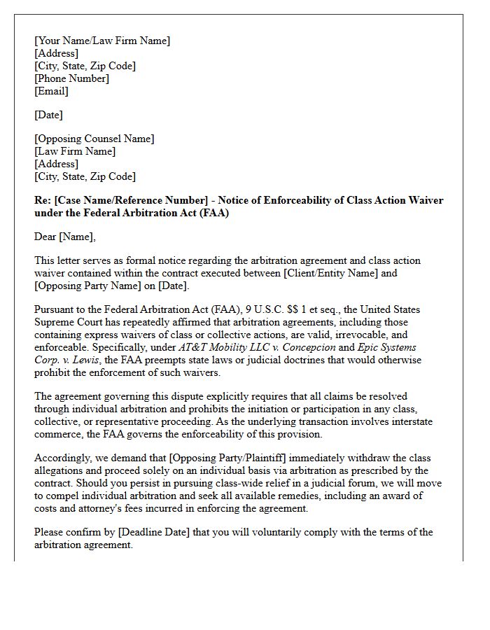 Federal Arbitration Act Class Action Waiver Enforceability Letter