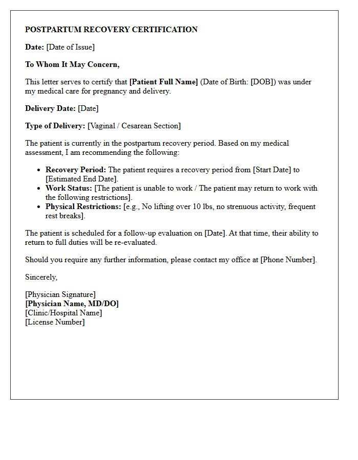Postpartum Recovery Certification Letter