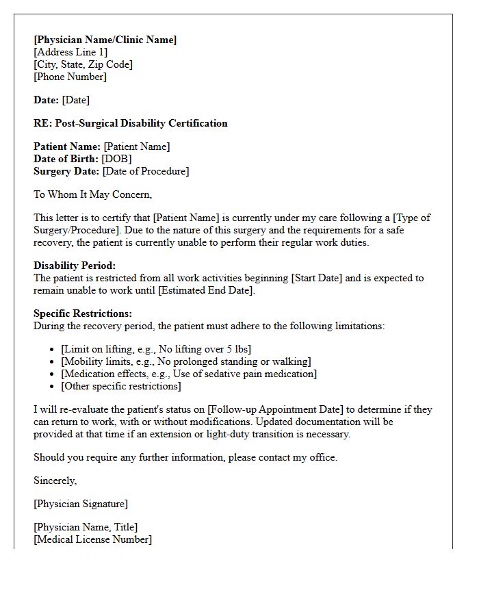 Post-Surgical Disability Certification Letter