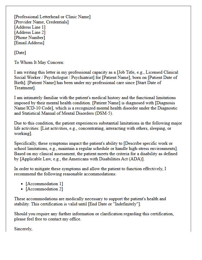 Mental Health Disability Certification Letter