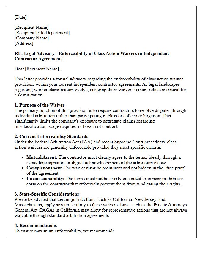 Independent Contractor Class Action Waiver Enforceability Advisory Letter