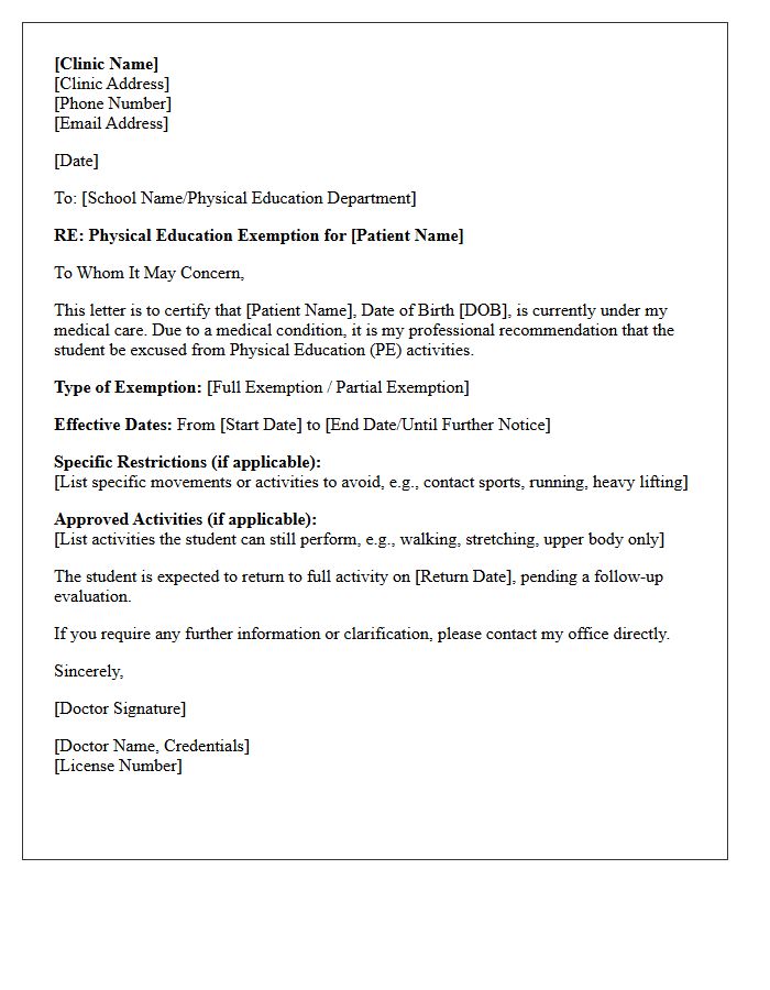 Standard Medical Clinic Physical Education Exemption Letter