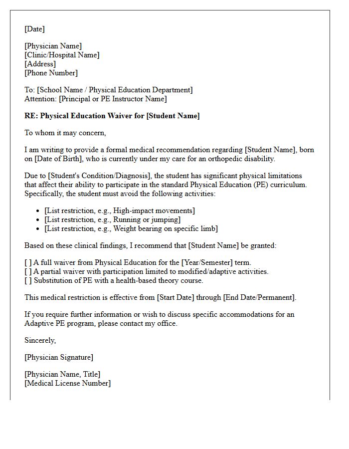 Orthopedic Disability Physical Education Waiver Letter