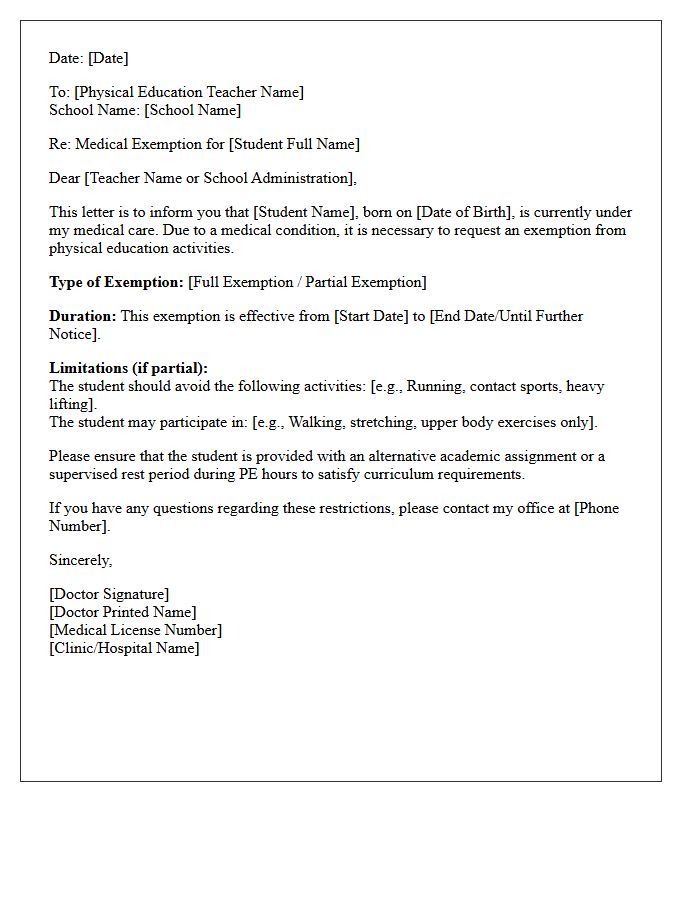Student Physical Education Medical Exemption Letter
