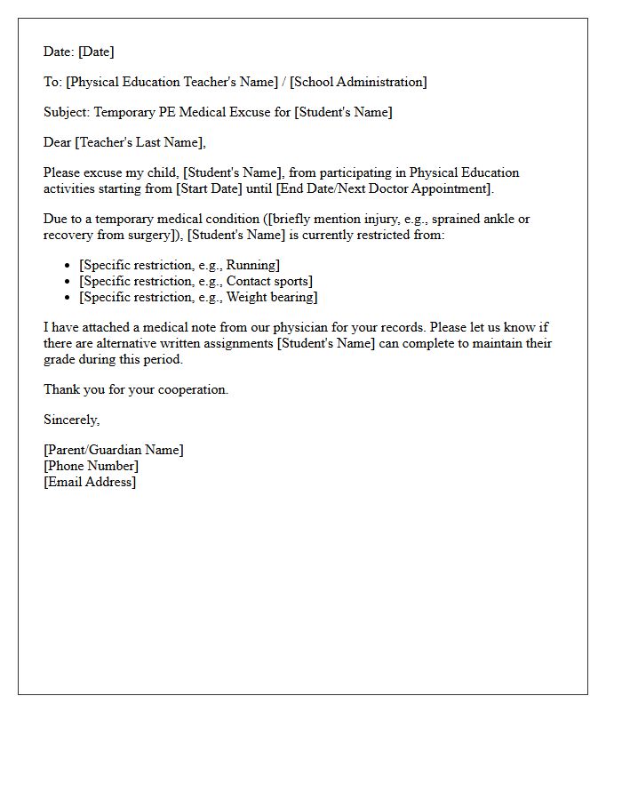 Temporary Disability Physical Education Excuse Letter