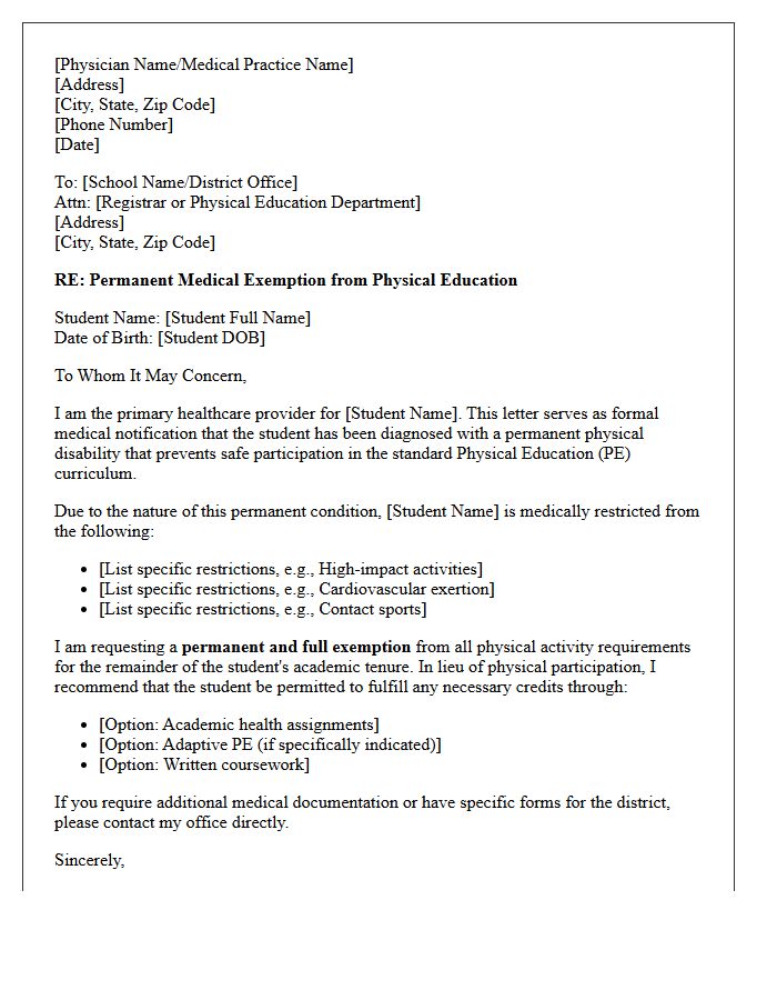 Permanent Disability Physical Education Exemption Letter