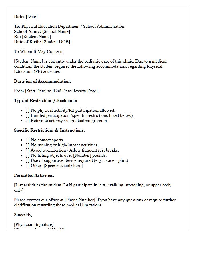 Pediatric Clinic Physical Education Accommodation Letter