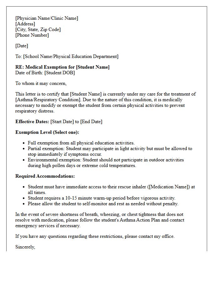 Asthma and Respiratory Physical Education Exemption Letter
