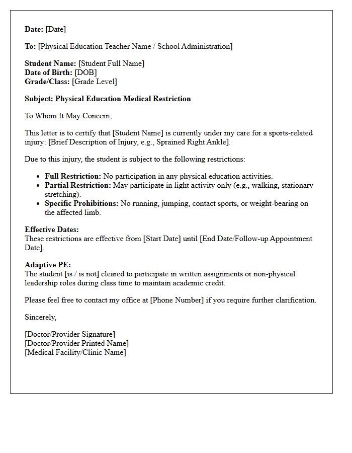 Sports Injury Physical Education Restriction Letter