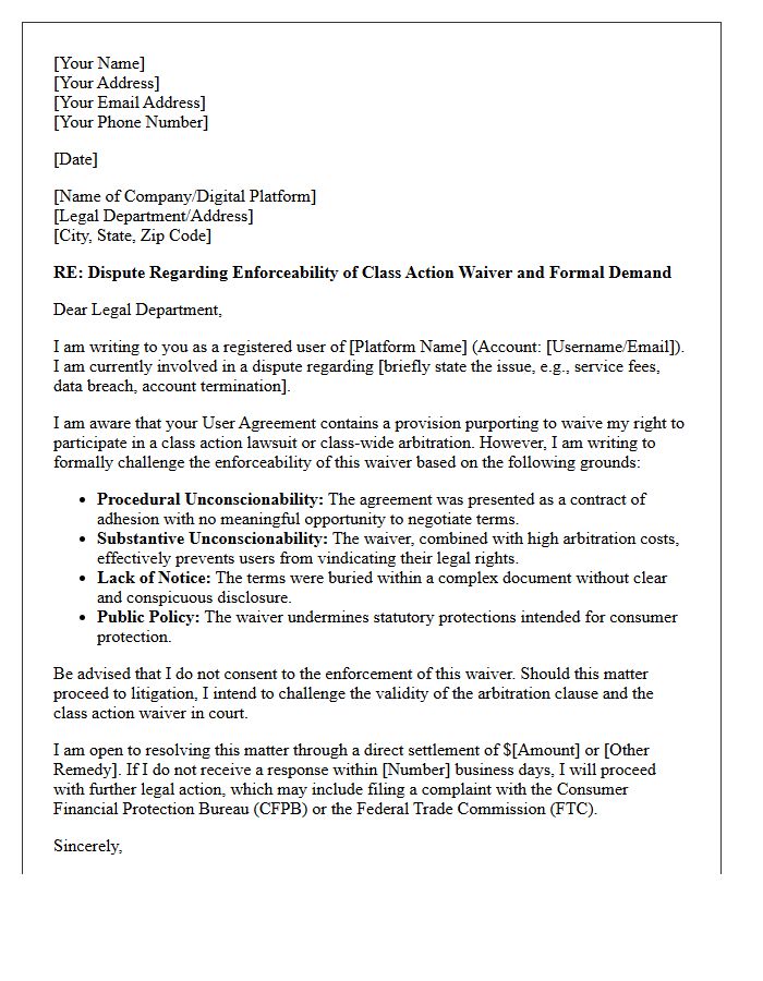 Digital Platform User Agreement Class Action Waiver Enforceability Letter