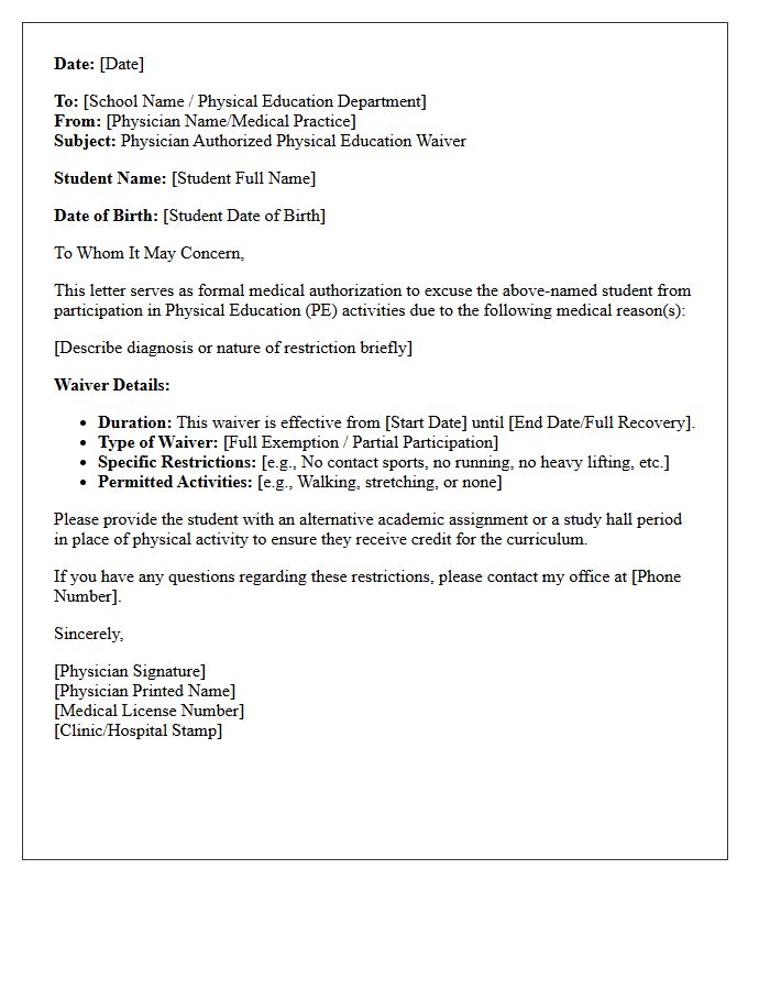Physician Authorized Physical Education Waiver Letter