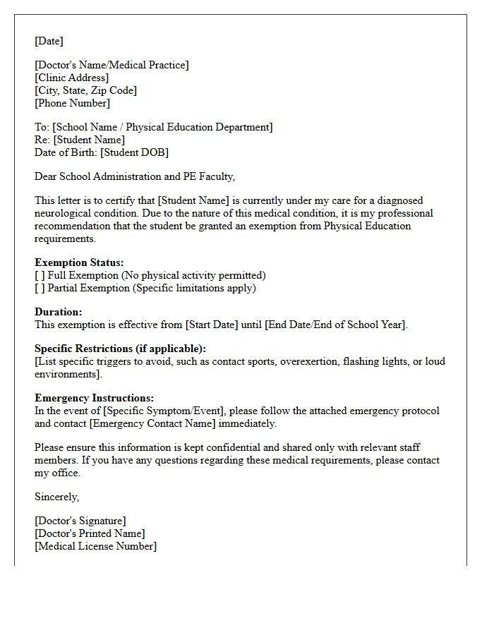 Neurological Condition Physical Education Exemption Letter