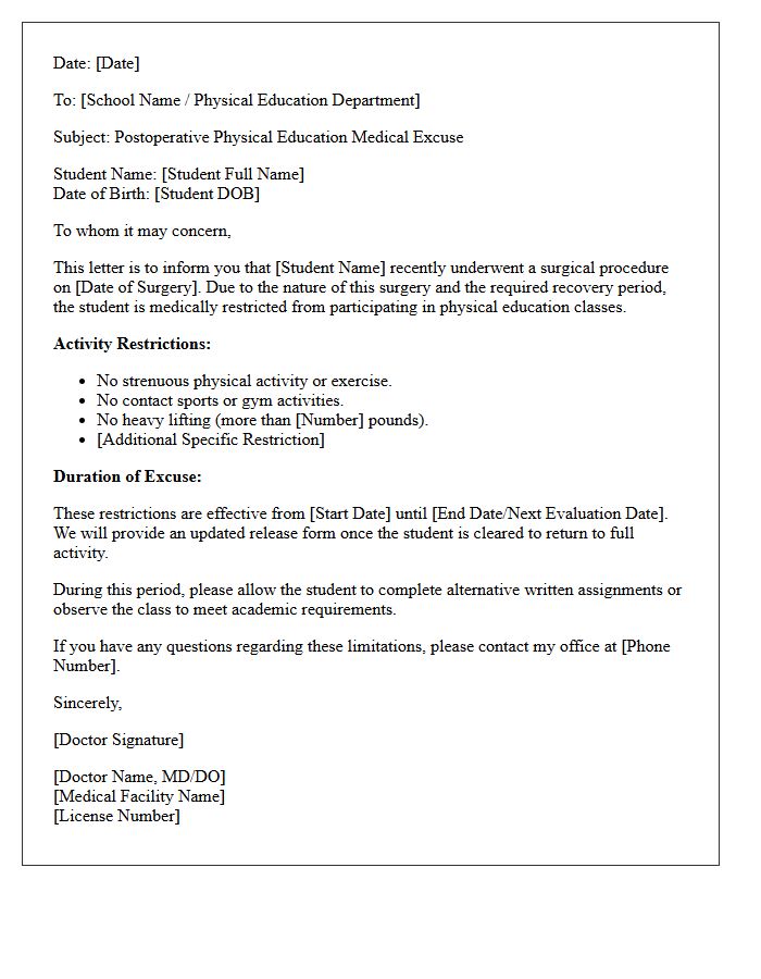 Postoperative Physical Education Medical Excuse Letter