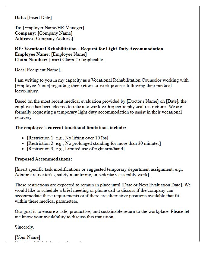 Light Duty Accommodation Vocational Rehabilitation Letter