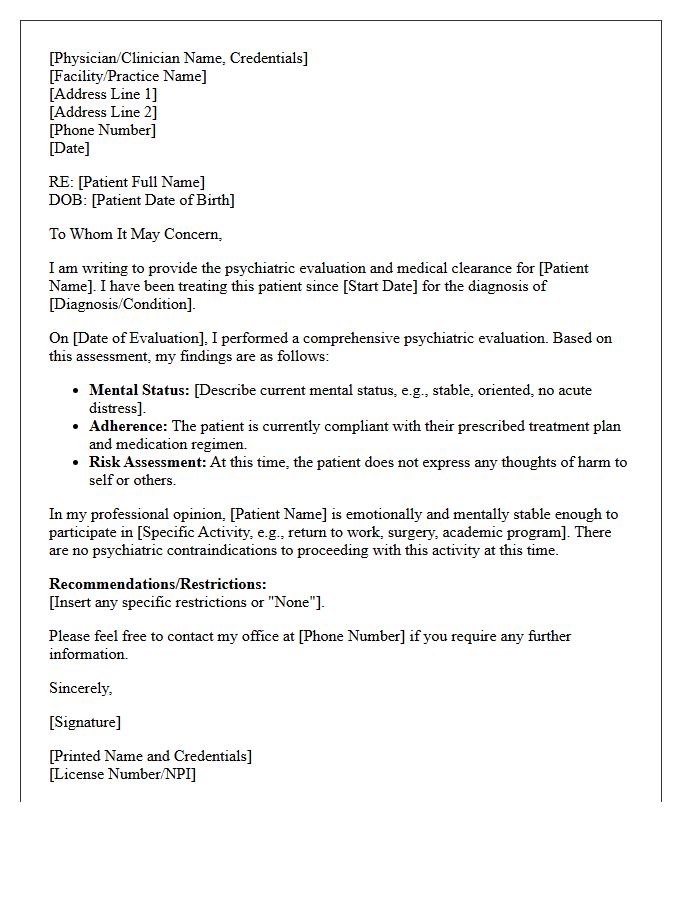 Psychiatric Evaluation and Medical Clearance Letter