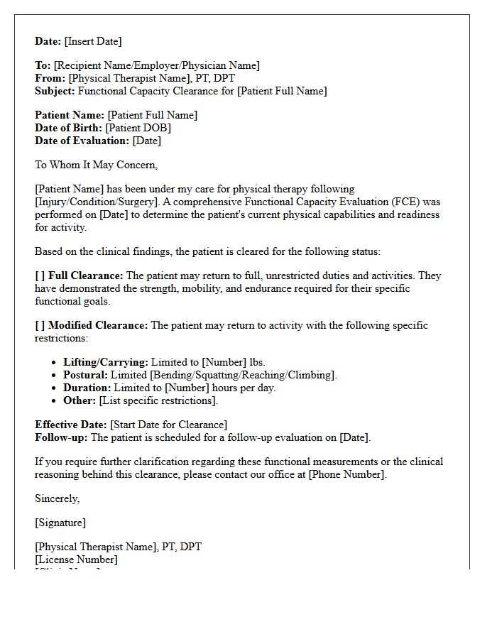 Physical Therapy Functional Capacity Clearance Letter