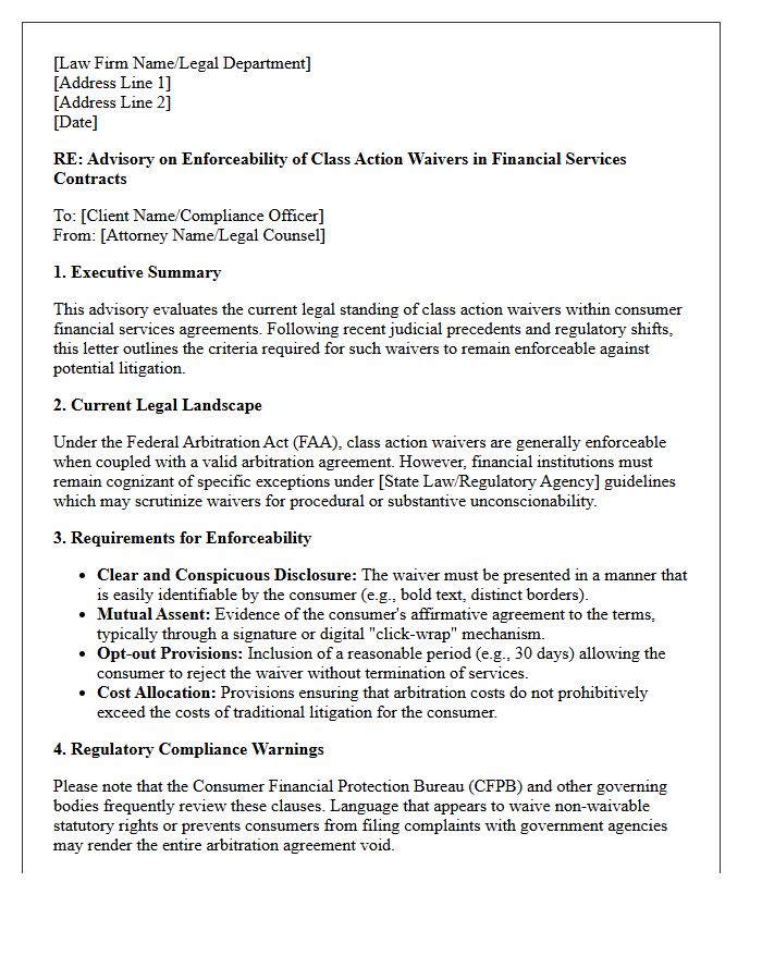 Financial Services Class Action Waiver Enforceability Advisory Letter