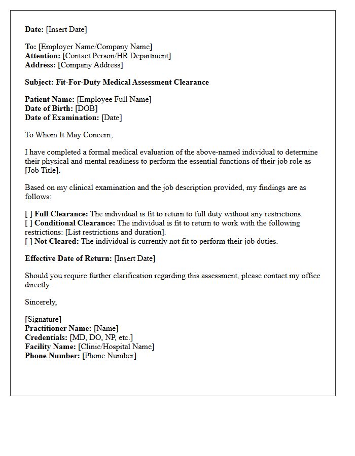 Fit-For-Duty Medical Assessment Clearance Letter