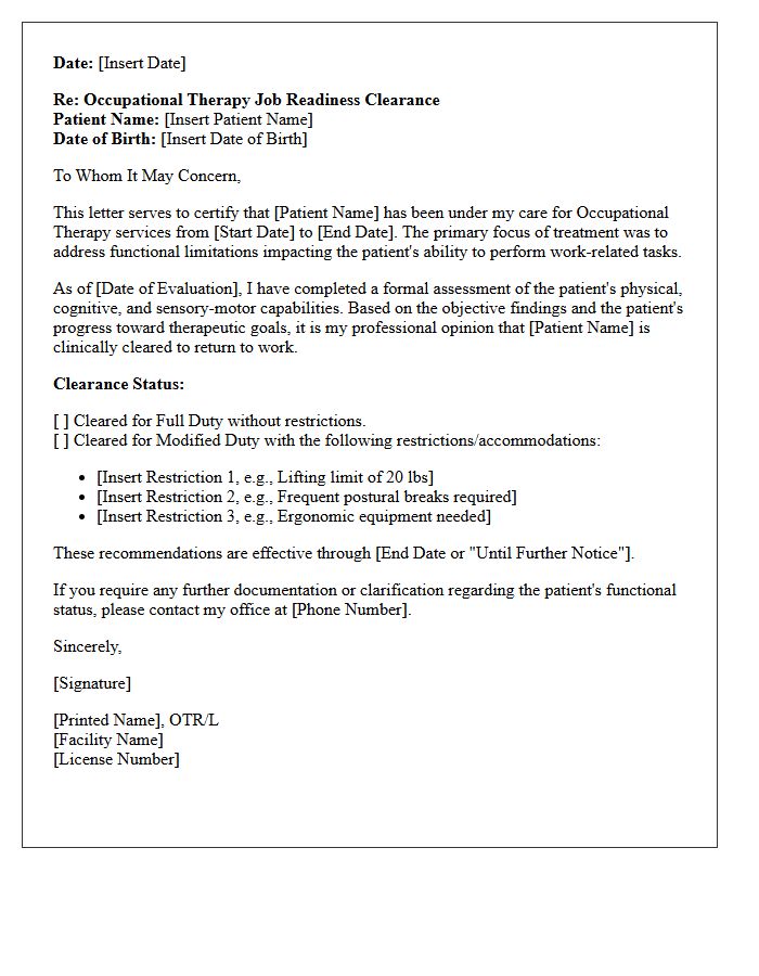 Occupational Therapy Job Readiness Clearance Letter