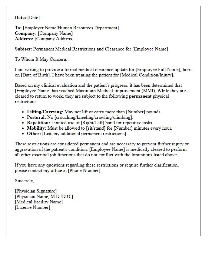Permanent Restriction Medical Clearance Letter