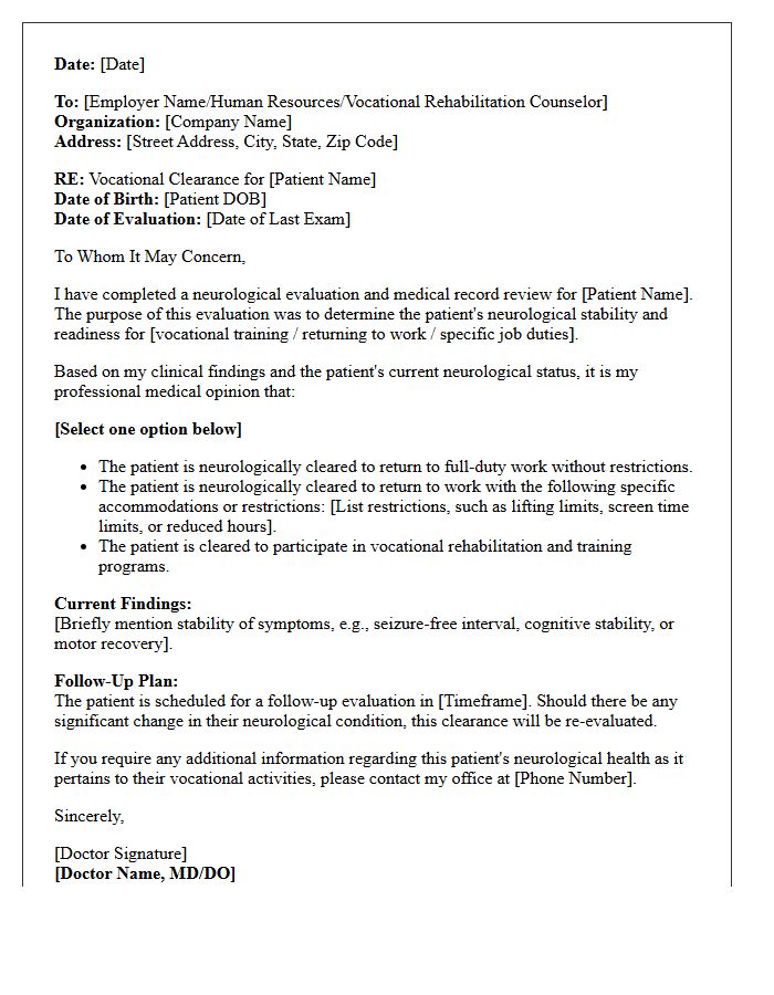 Neurological Evaluation Vocational Clearance Letter