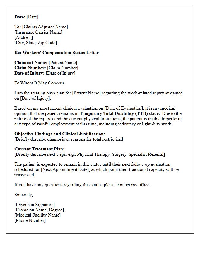 Temporary Total Workers Compensation Disability Status Letter