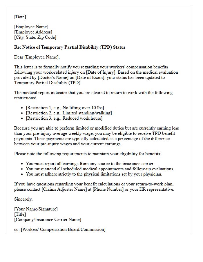 Temporary Partial Workers Compensation Disability Status Letter
