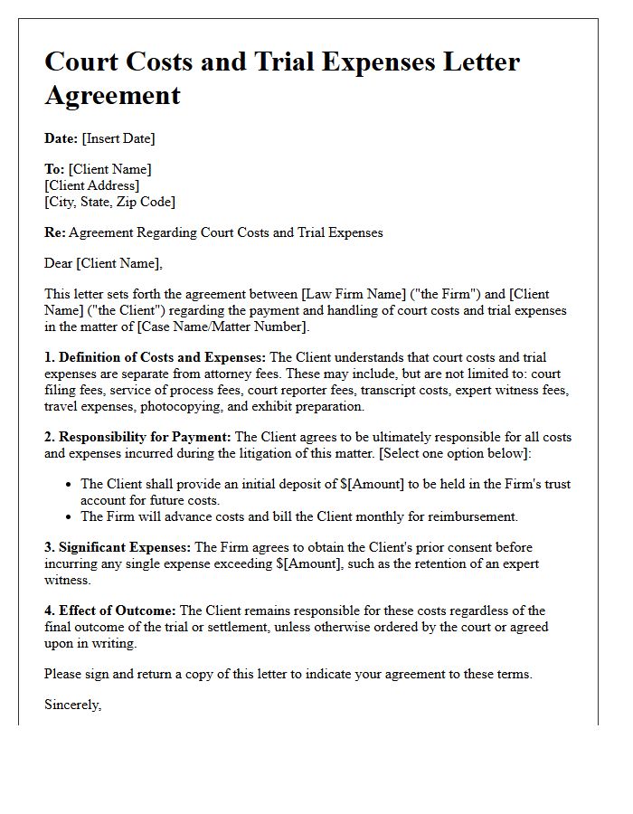 Court Costs and Trial Expenses Letter Agreement