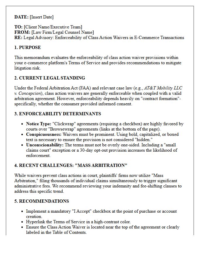 E-Commerce Transaction Class Action Waiver Enforceability Advisory Letter