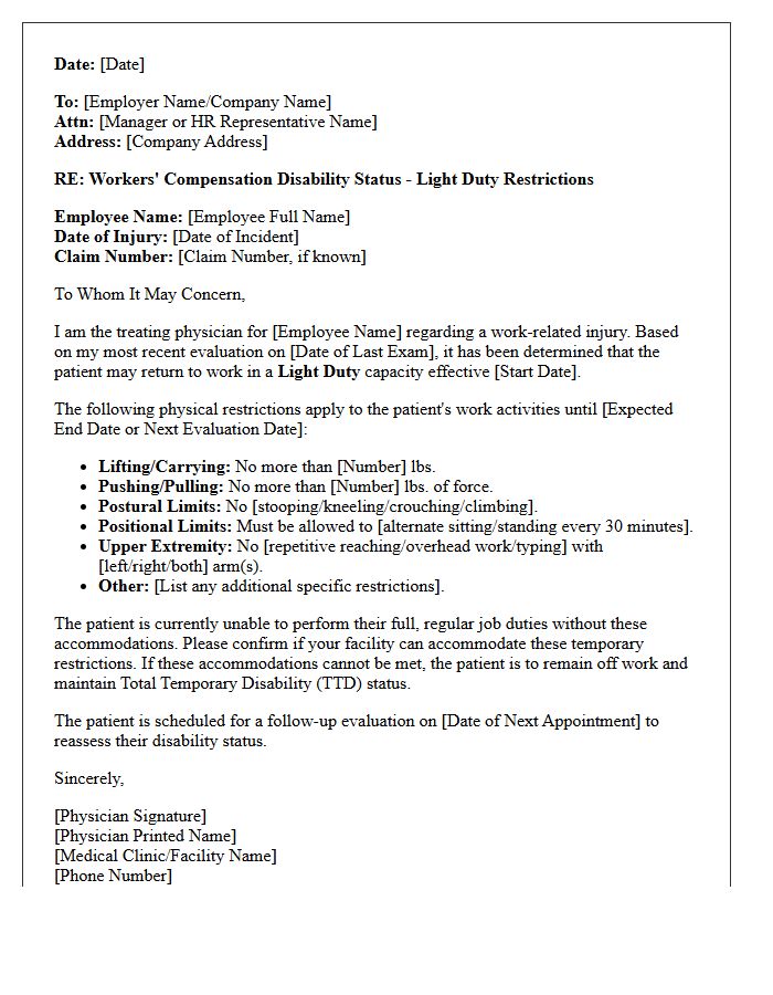 Light Duty Restriction Workers Compensation Disability Status Letter