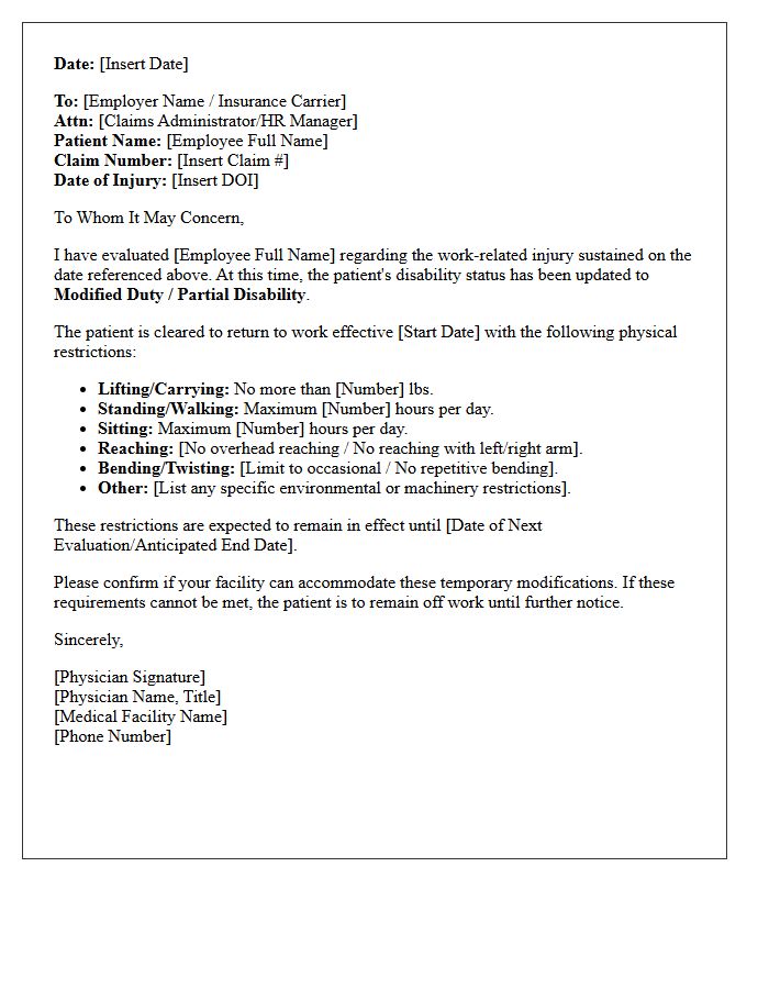 Modified Duty Clearance Workers Compensation Disability Status Letter