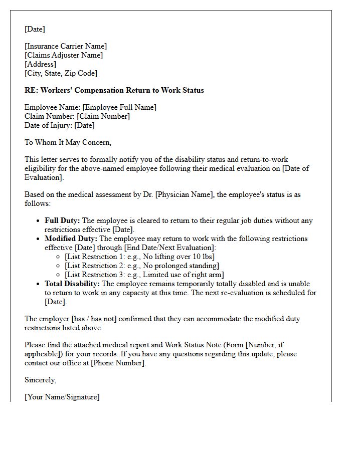Return To Work Workers Compensation Disability Status Letter