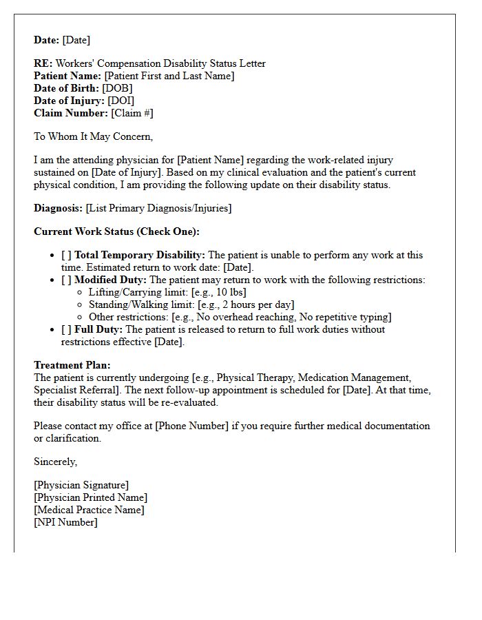 Attending Physician Workers Compensation Disability Status Letter