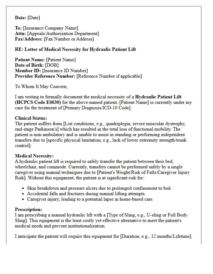 Hydraulic Patient Lift Equipment Medical Necessity Letter
