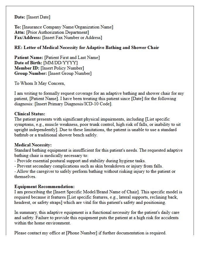 Adaptive Bathing and Shower Chair Medical Necessity Letter