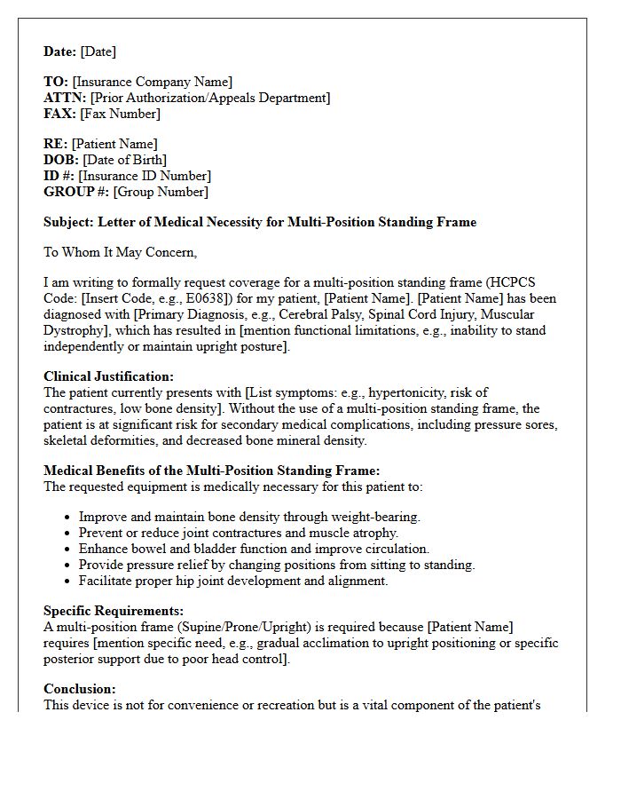 Multi-Position Standing Frame Medical Necessity Letter
