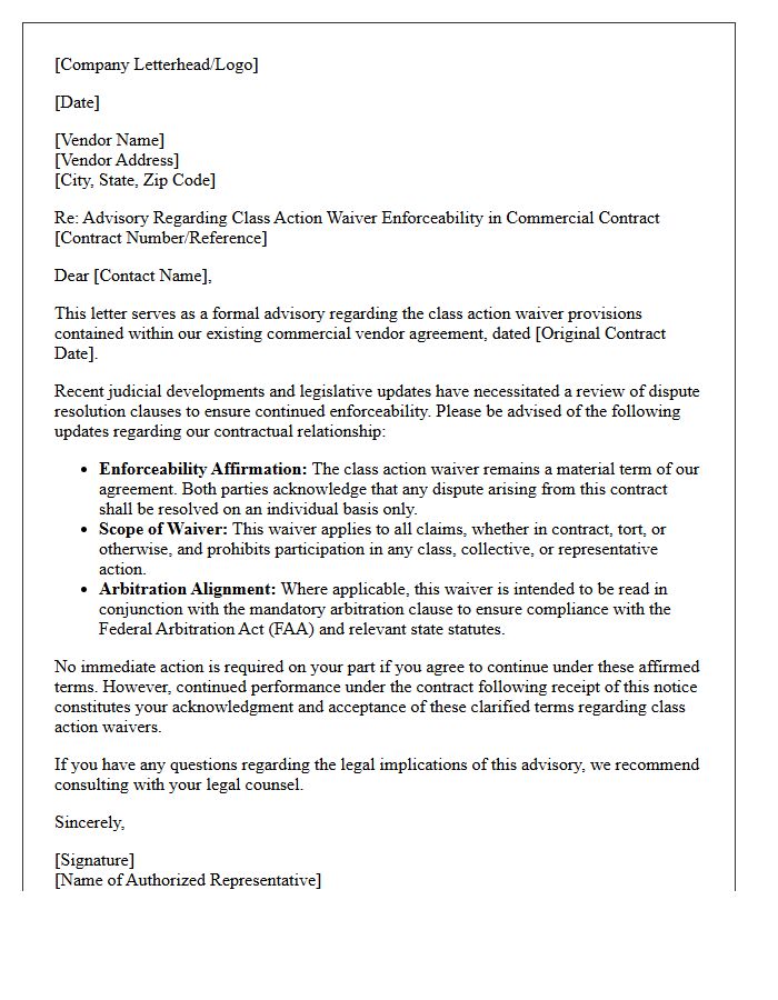 Commercial Vendor Contract Class Action Waiver Enforceability Advisory Letter